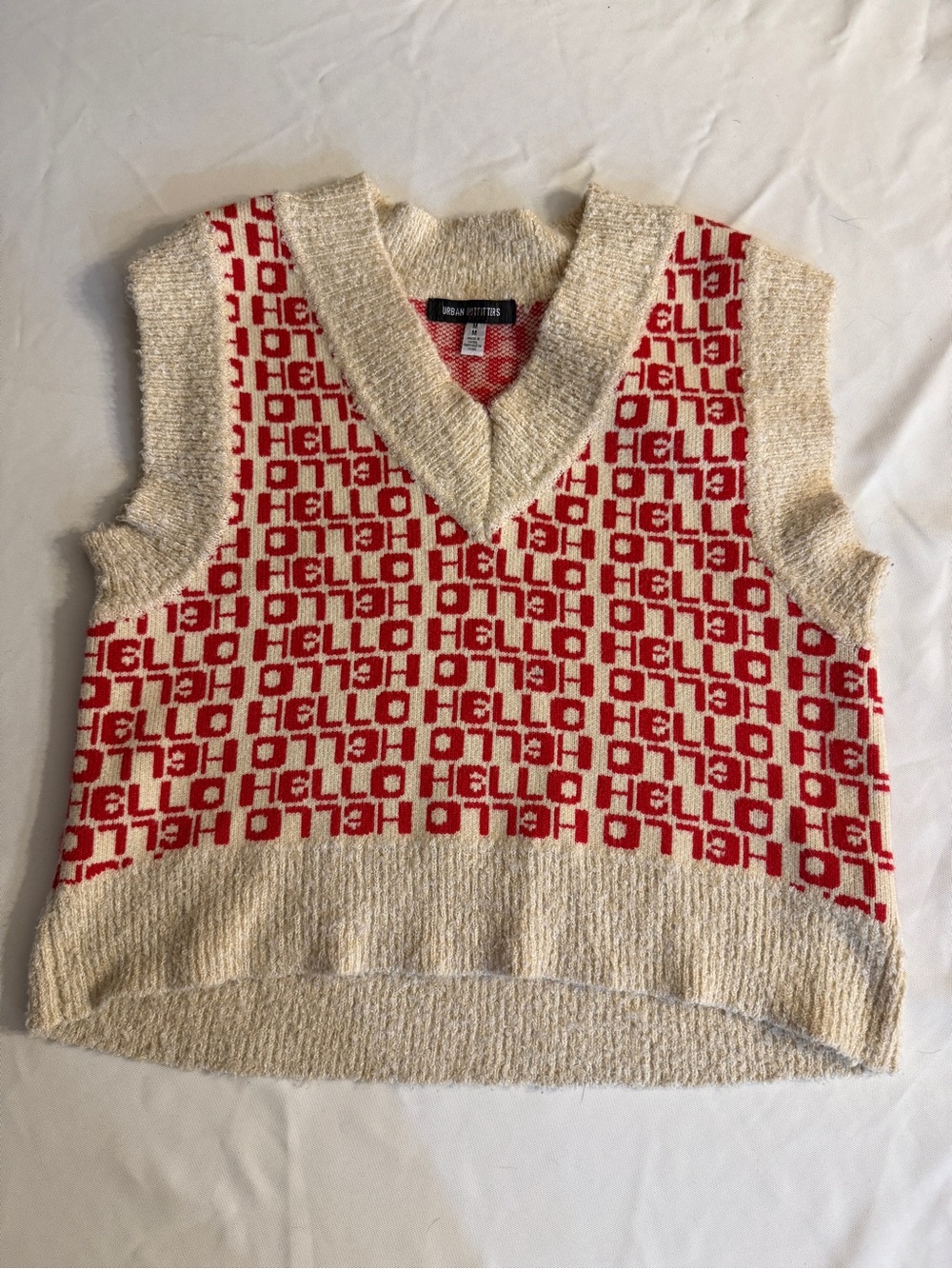 Urban Outfitters Cream & Red 'HELLO' Knit V-Neck Sweater Vest